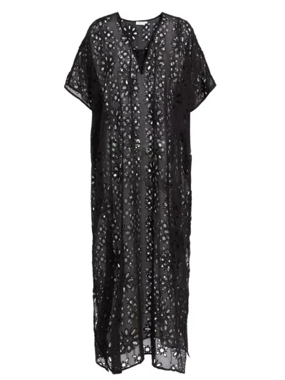 Shop Johnny Was Women's Eyelet Lace-up Maxi Cover-up Kaftan In Black