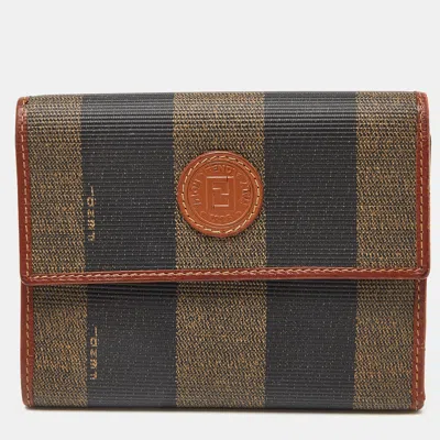Pre-owned Fendi Brown/tan Pequin Coated Canvas And Leather Flap Compact Wallet In Black