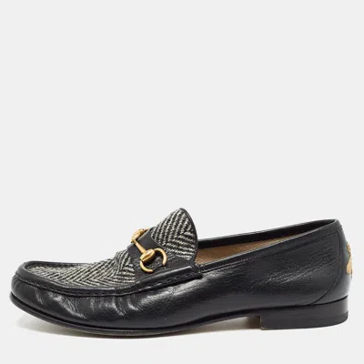 Pre-owned Gucci Black Leather And Wool Embroidered Bee Horsebit Loafers Size 44