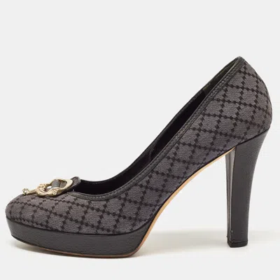 Pre-owned Gucci Blue/lead Diamante Canvas And Leather Trim Icon Bit Platform Peep Toe Pump Size 40.5