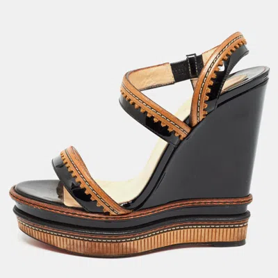 Pre-owned Christian Louboutin Black/brown Patent And Leather Trepi Wedge Sandals Size 40