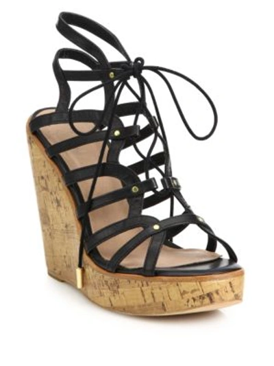 Joie Larissa Leather Lace-up Cork Wedge Sandals In Black