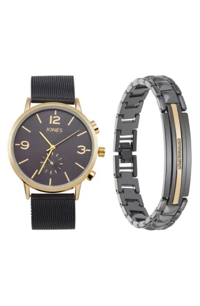 I Touch Jones New York Three-hand Quartz Mesh Strap Watch & Id Bracelet Set In Black