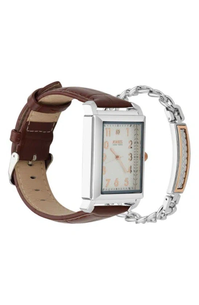 I Touch Jones New York Diamond Accent Three-hand Quartz Watch & Id Bracelet Set In Brown