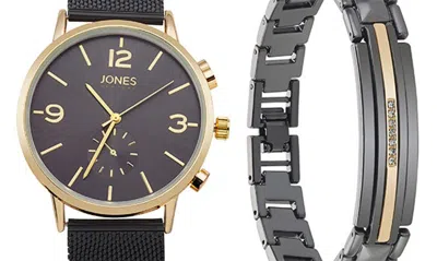 I Touch Jones New York Three-hand Quartz Mesh Strap Watch & Id Bracelet Set In Black