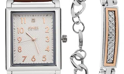 I Touch Jones New York Diamond Accent Three-hand Quartz Watch & Id Bracelet Set In Brown
