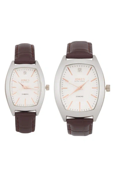 I Touch Jones New York Two-piece Diamond Accent Tonneau Faux Leather Strap Watch His & Hers Set In Brown