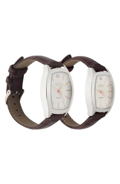 I Touch Jones New York Two-piece Diamond Accent Tonneau Faux Leather Strap Watch His & Hers Set In Brown