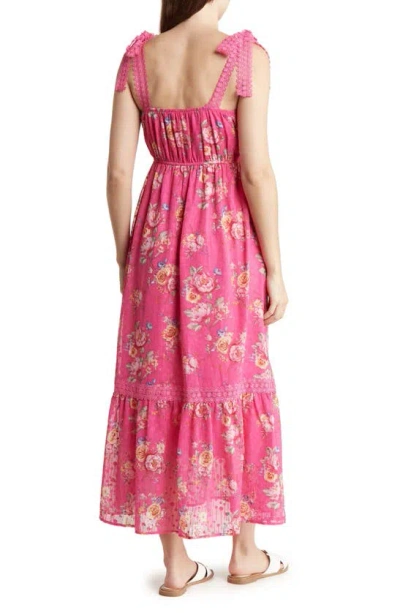 Shop Blu Pepper Floral Tie Strap Tiered Midi Dress In Fuchsia Multi