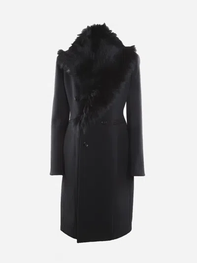 Shop Bottega Veneta Wool Coat With Shearling Inserts In Black