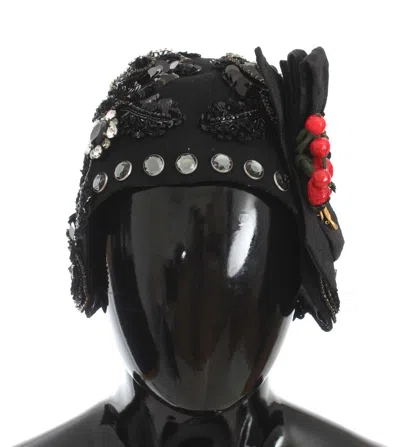 Shop Dolce & Gabbana Black Crystal Gold Cherries Brooch Women's Hat