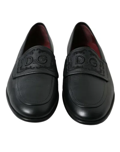 Shop Dolce & Gabbana Black Leather Logo Embroidery Loafers Dress Men's Shoes
