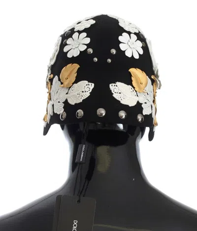 Shop Dolce & Gabbana Black Wool White Floral Gold Leaf Women's Hat