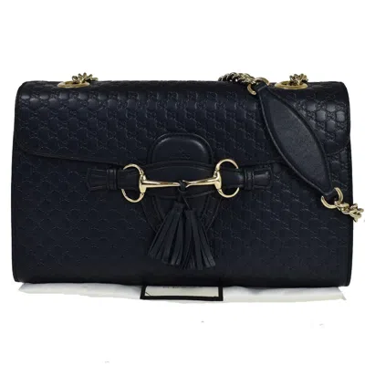 Shop Gucci Emily Navy Leather Shoulder Bag ()
