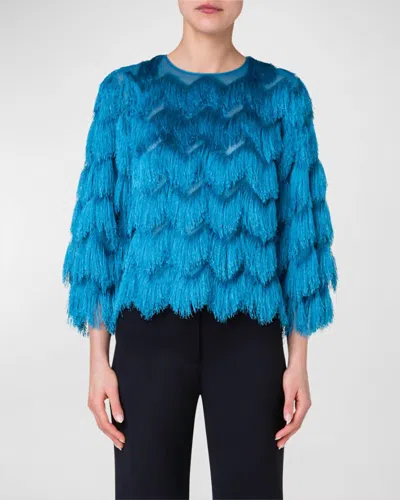 Shop Akris Punto Zigzag Fringe Bracelet-sleeve Crop Blouse In Teal In Blue