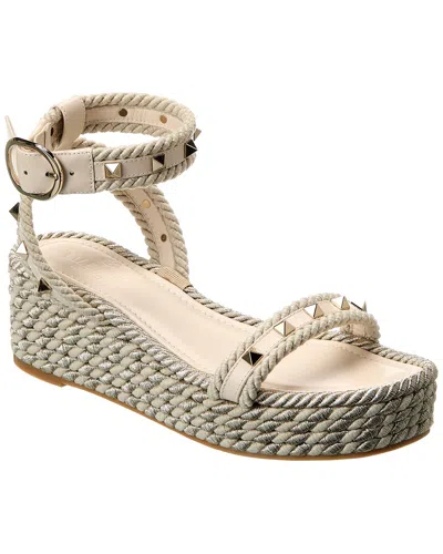 Shop Valentino Rockstud 45 Rope & Leather Wedge Sandal In White