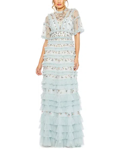Shop Mac Duggal High Neck Ruffle Tiered Floral Gown In Blue