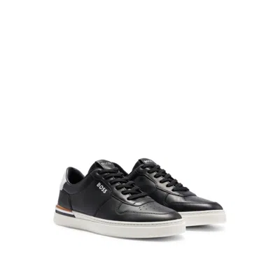 Shop Hugo Boss Leather Cupsole Trainers With Signature Details In Black