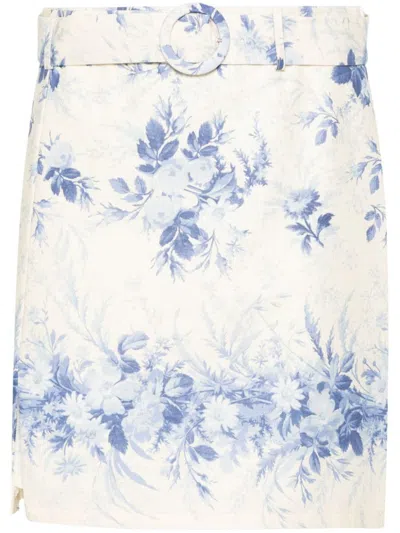 Shop Twinset Linen And Cotton Miniskirt With Floral Print In Avorio E Blu