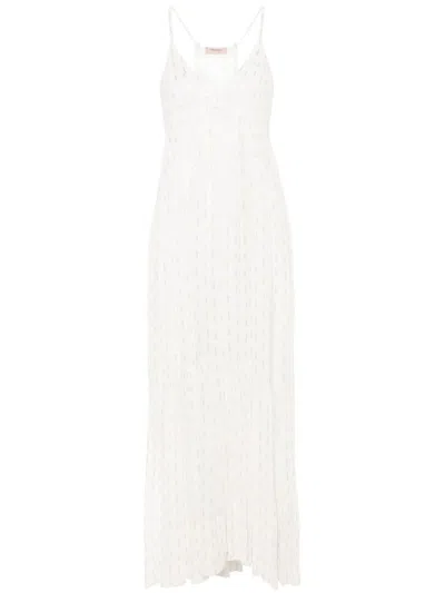 Shop Twinset Long Viscose Dress With Semi-transparent Sequins In White