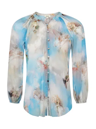 Shop L Agence Teagan Puff-sleeve Blouse In Light Blue Multi Renaissance