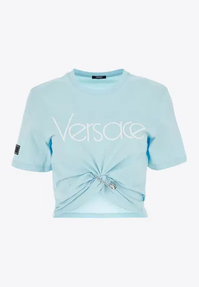 Shop Versace 1978 Re-edition Logo Crop T-shirt In Blue