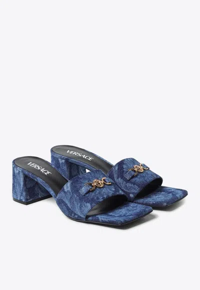 Versace 55mm Denim Mules In Blue