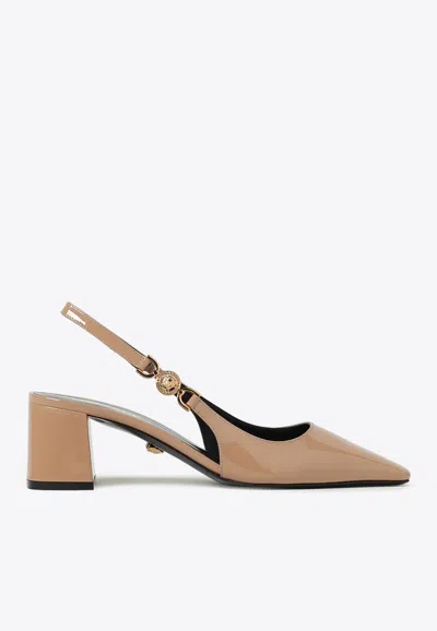 Shop Versace 55 Medusa'95 Slingback Pumps In Patent Leather In Beige