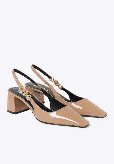 Versace Embellished Patent-leather Slingback Pumps In Beige
