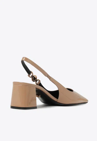 Versace Embellished Patent-leather Slingback Pumps In Beige