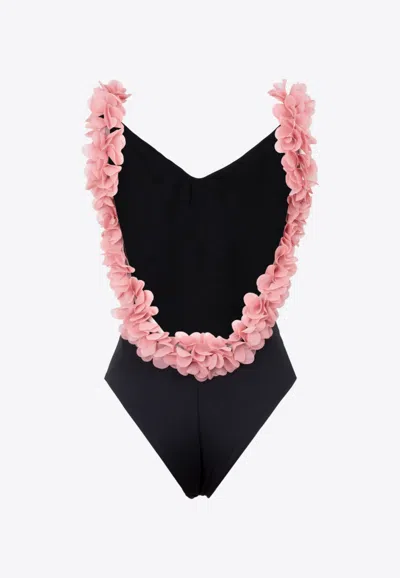 Shop La Reveche Amira One-piece Swimsuit With Floral Applique In Black