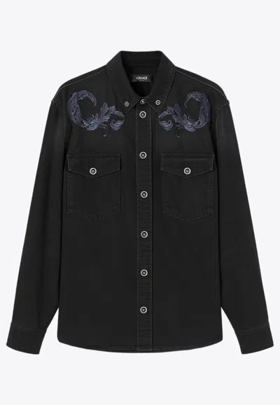 Shop Versace Barocco Embroidered Denim Overshirt In Black