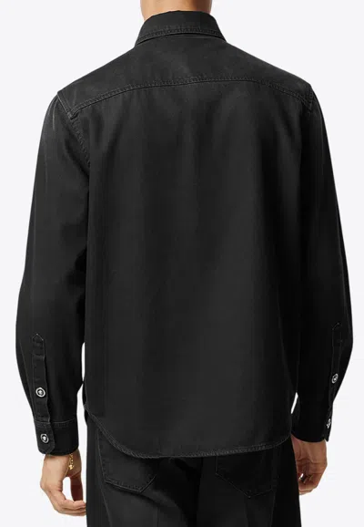 Shop Versace Barocco Embroidered Denim Overshirt In Black