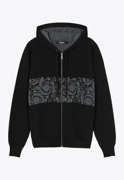 Shop Versace Barocco Knitted Zip-up Hoodie In Black