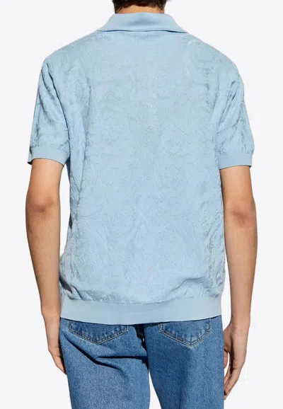 Shop Versace Barocco Knit Polo T-shirt In Blue