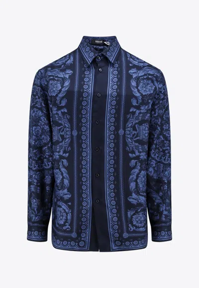 Shop Versace Barocco Print Long-sleeved Silk Shirt In Blue