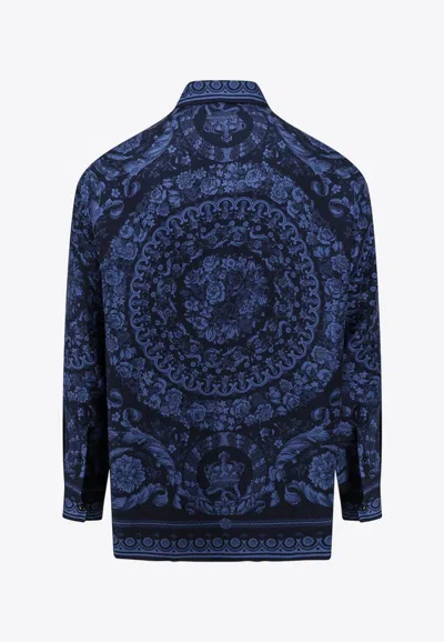 Shop Versace Barocco Print Long-sleeved Silk Shirt In Blue