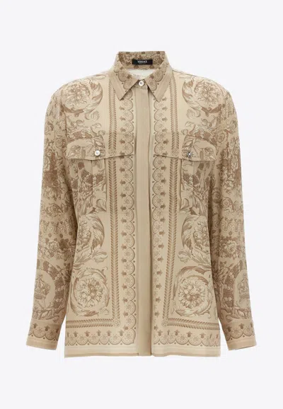 Shop Versace Barocco Print Silk Shirt In Beige