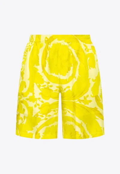 Shop Versace Barocco Print Silk Shorts In Yellow