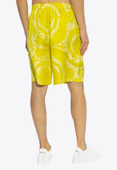 Shop Versace Barocco Print Silk Shorts In Yellow