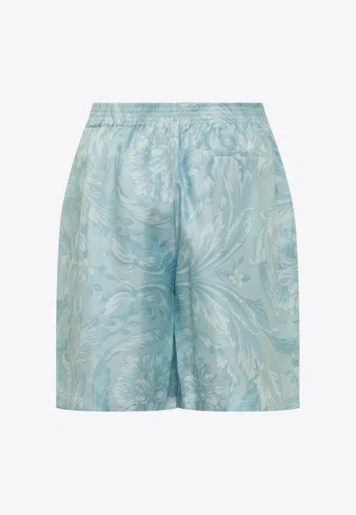 Versace Barocco Print Silk Shorts In Blue