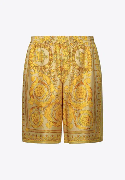 Versace Golden Barocco Print Silk Shorts In Multicolor