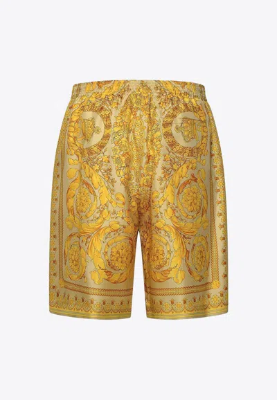 Shop Versace Barocco Print Silk Shorts In Multicolor
