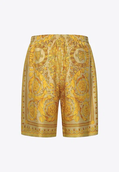 Versace Golden Barocco Print Silk Shorts In Multicolor