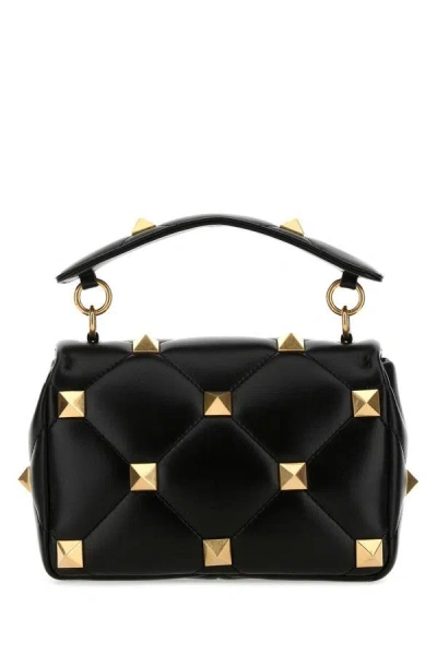 Shop Valentino Garavani Woman Black Nappa Leather Medium Roman Stud Handbag