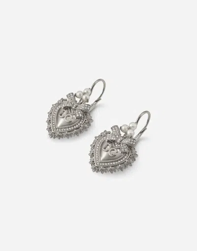Dolce & Gabbana Devotion In White Gold Earrings With Diamonds And Pearls In White Gold