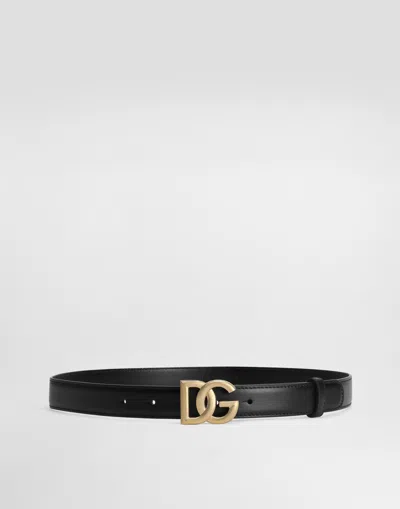 Dolce & Gabbana Calfskin Belt With Metal Dg Logo In Black