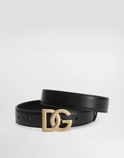 Dolce & Gabbana Calfskin Belt With Metal Dg Logo In Black