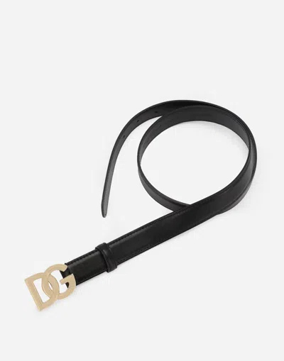 Dolce & Gabbana Calfskin Belt With Metal Dg Logo In Black