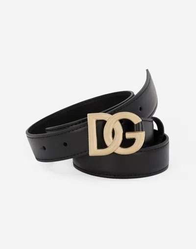 Dolce & Gabbana Calfskin Belt With Metal Dg Logo In Black